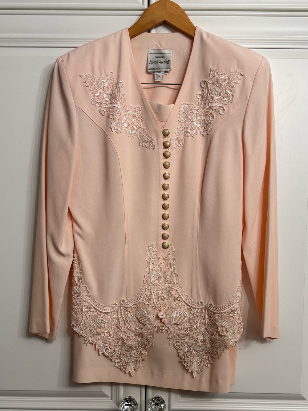VTG Joseph Ribkoff Creations 2pc Lace Blazer Skirt Suit Set Pink Peach Size 10